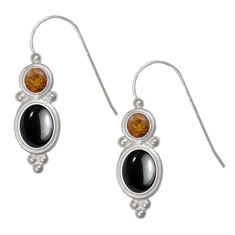 Sterling Silver Drop Dangle Earrings Hematite And Amber